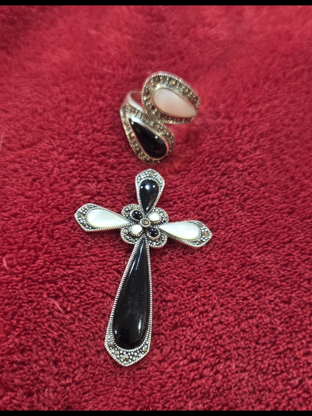 Vintage Marcasite Onyx And Mother Of Pearl Cross And Ring